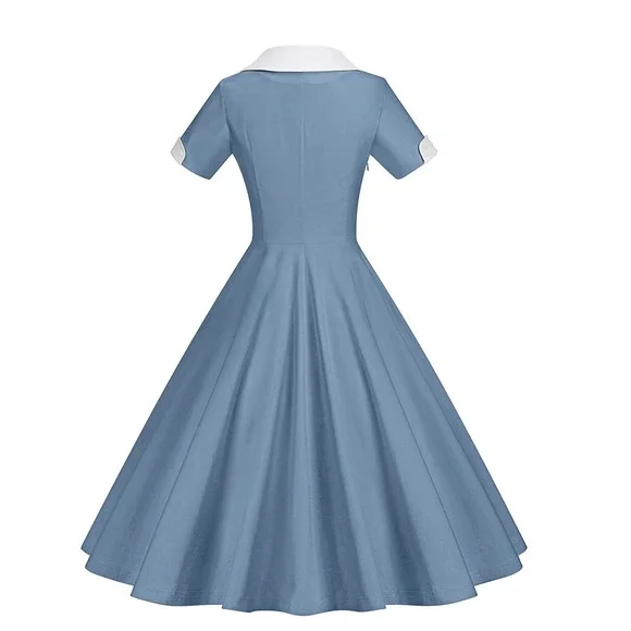 New GownTown Womens 1950s Cape Collar Vintage Swing Stretchy Blue White Dress 2X - Picture 2 of 12